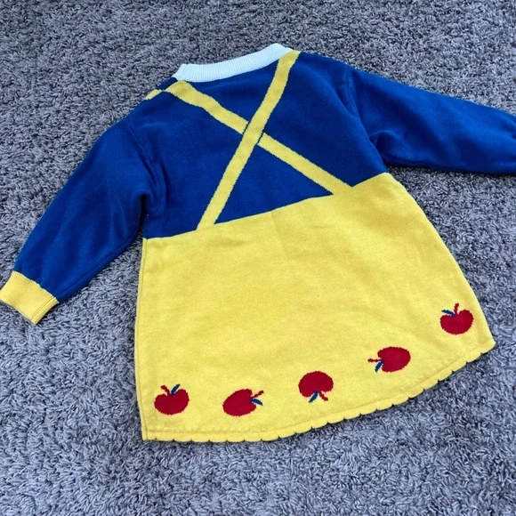 Vintage Kids Snow White Inspired‎ Knit Dress Blue Yellow Apples Bows 6 7 size - Picture 6 of 7